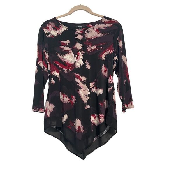 Alfani 3/4 SLEEVE SCARF HEM BLACK ABSTRACT PRINT‎ BLOUSE TOP S - Picture 1 of 4